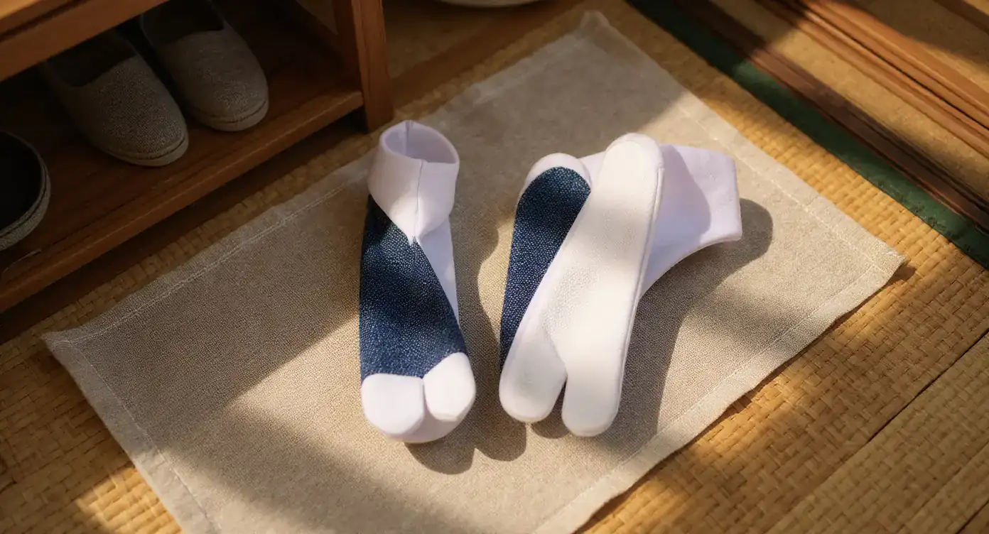 Par de calcetines tabi índigo con puntera separada sobre una tela de lino junto a un zapatero de madera en un washitsu tradicional