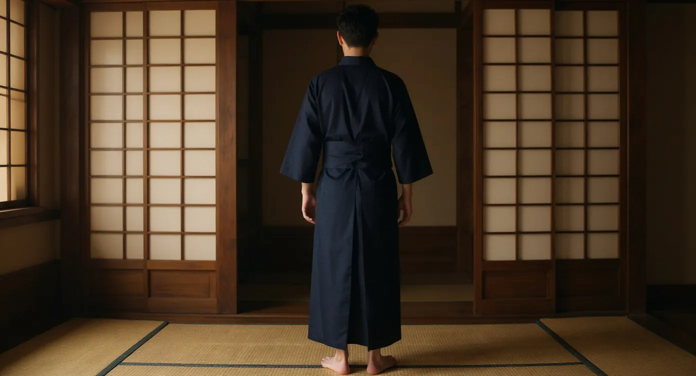 Hombre de espaldas con haori y kimono, el obi tradicional visible en la cintura