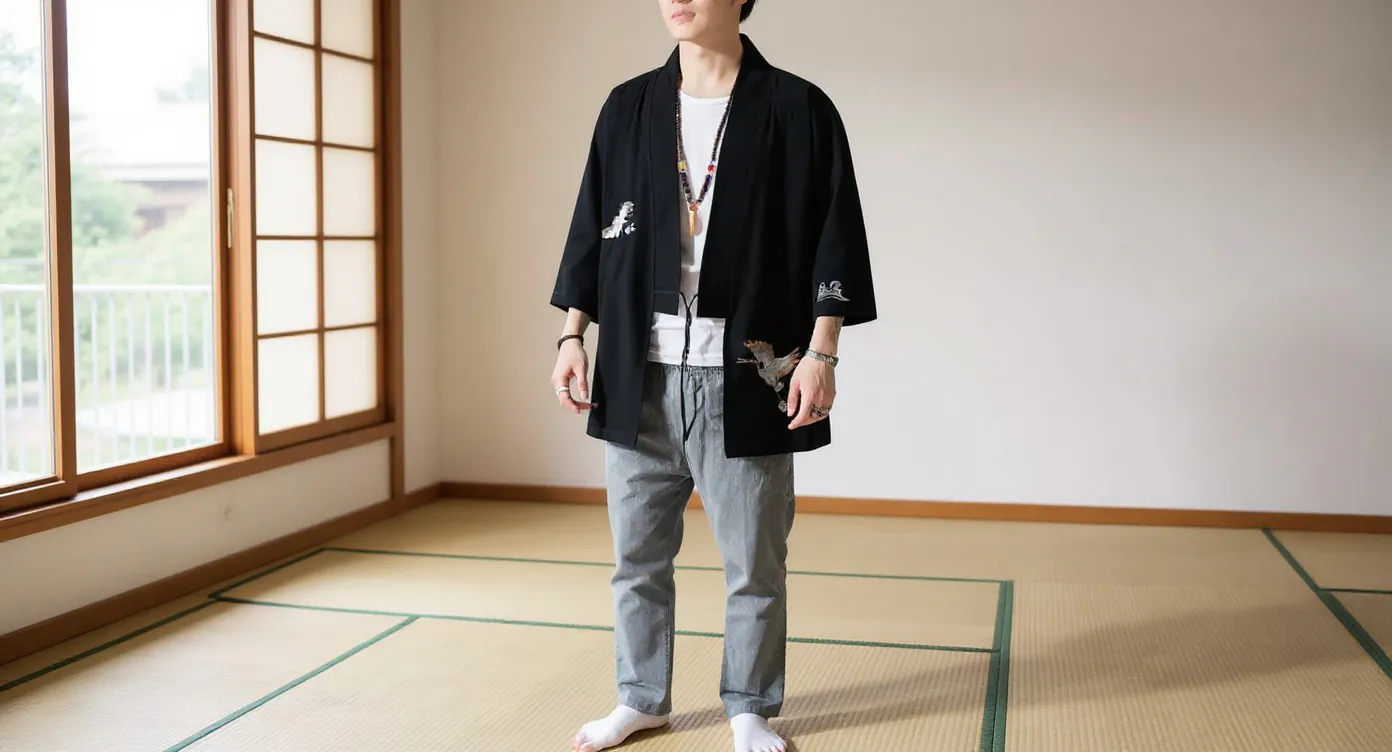 Hombre vistiendo un haori negro en una habitación japonesa moderna