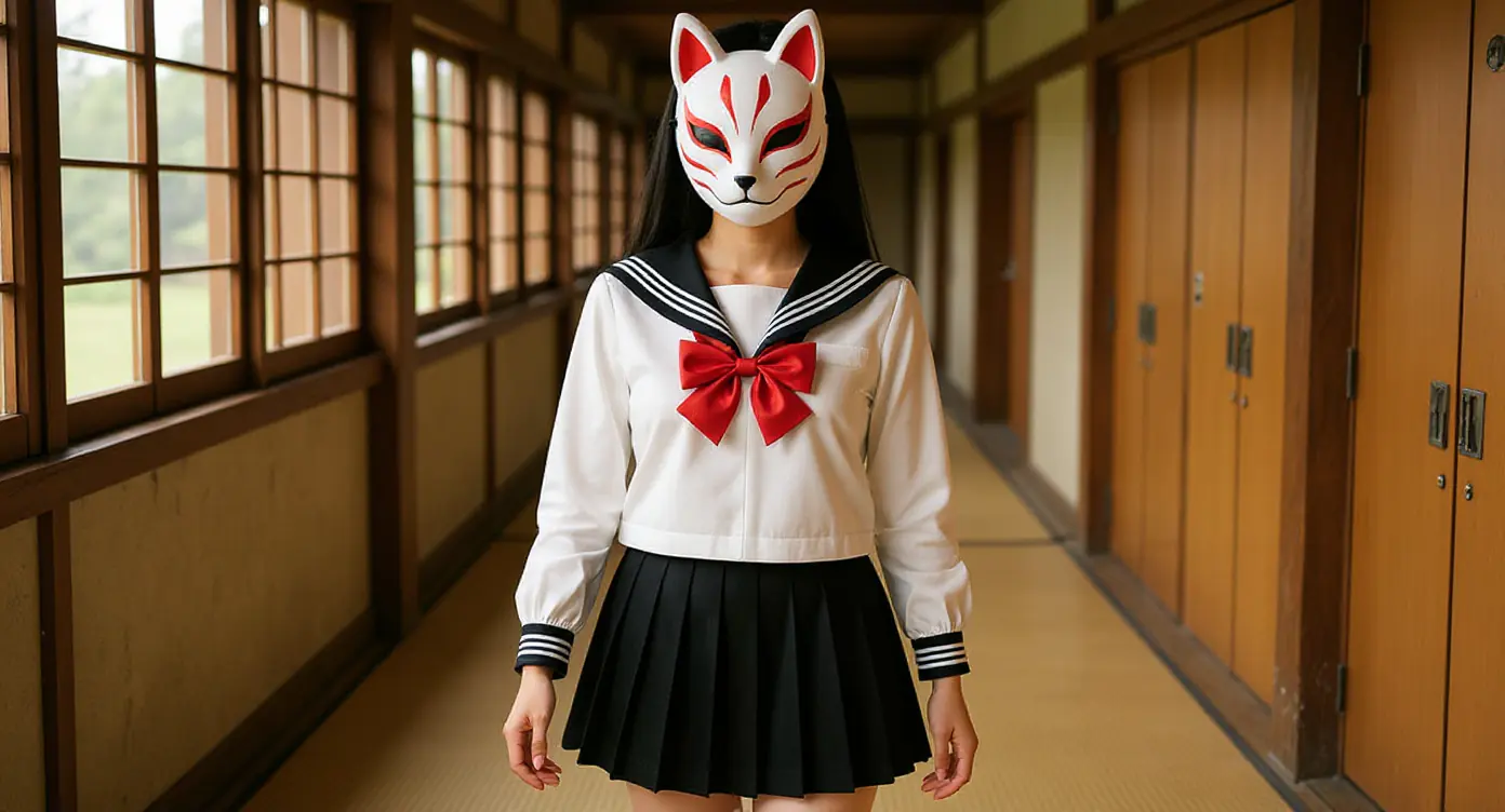 Estudiante caminando por pasillo de escuela japonesa con uniforme sailor fuku completo y luz matutina