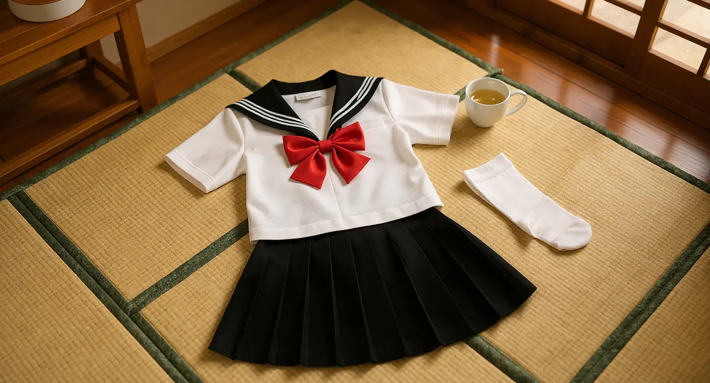 Uniforme sailor fuku completo extendido sobre futón de lino con luz de tarde en habitación tradicional