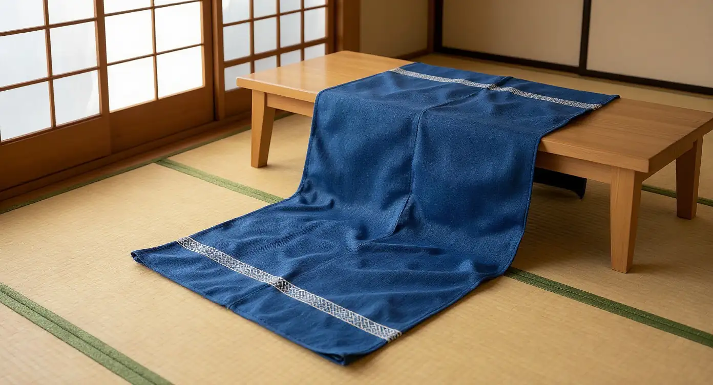 Jinbei tradicional de algodón extendido en banco de madera dentro de habitación tatami con luz matutina