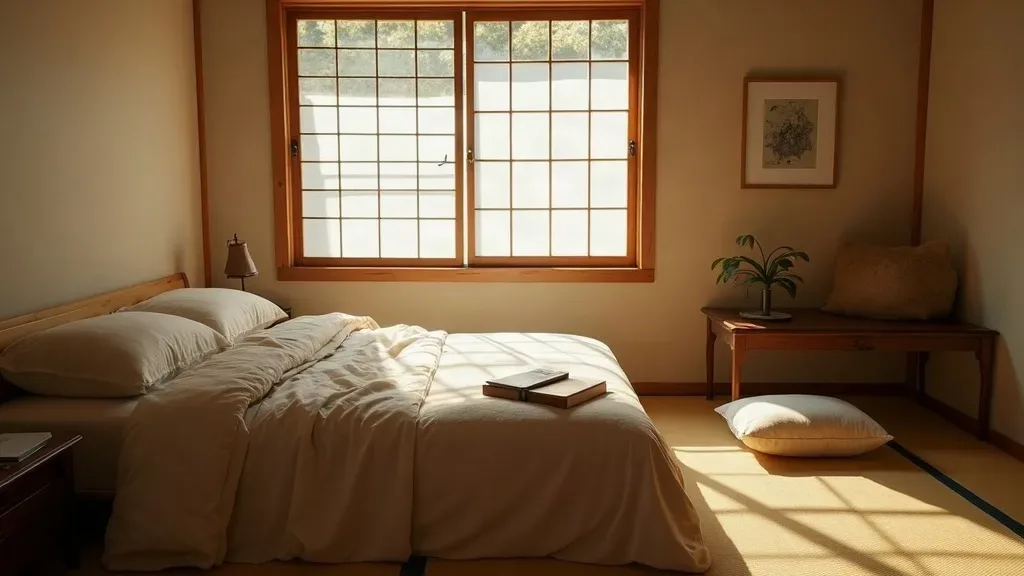 Luz cálida de tarde sobre ropa de cama de lino y suelo de madera clara en un dormitorio japonés