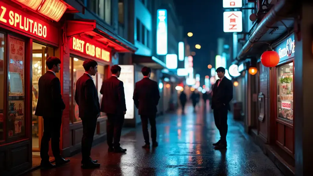 Las calles de Kabukichō iluminadas por neones de noche, con fachadas de host clubs donde los hosts reciben a sus clientas en el distrito de ocio de Tokio.