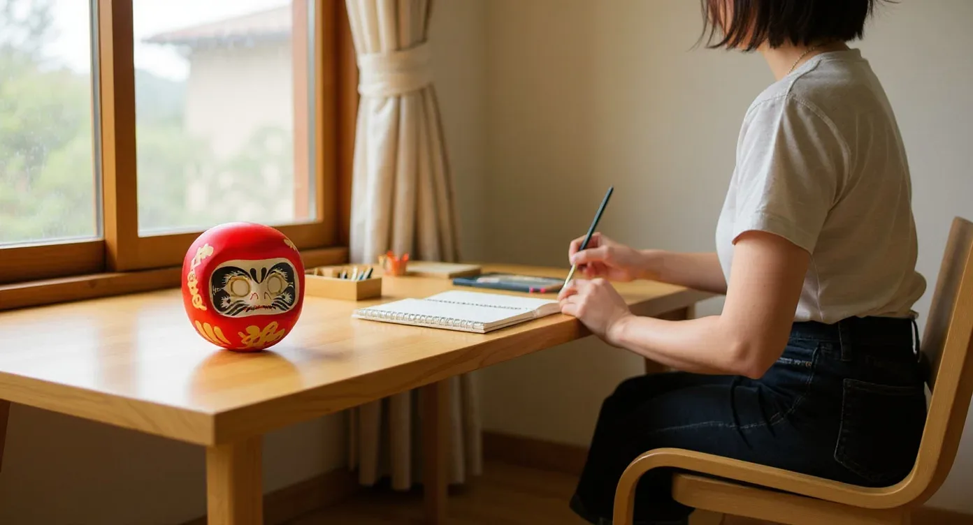 Persona pintando el ojo de un daruma rojo en un escritorio de madera