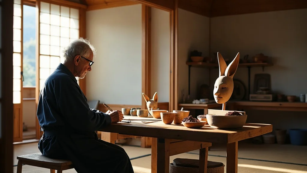 Taller tradicional japonés con artesano tallando máscaras kitsune a la luz matinal
