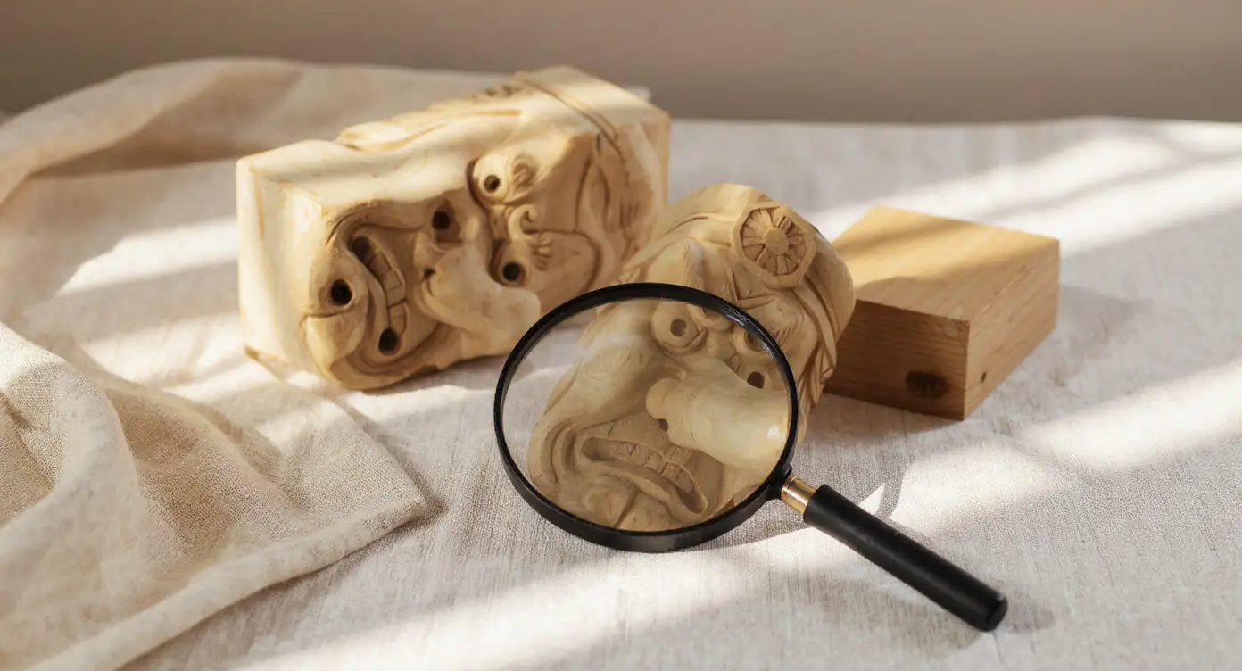 Interior artesanal de máscara japonesa mostrando detalles de talla a mano y texturas de madera natural
