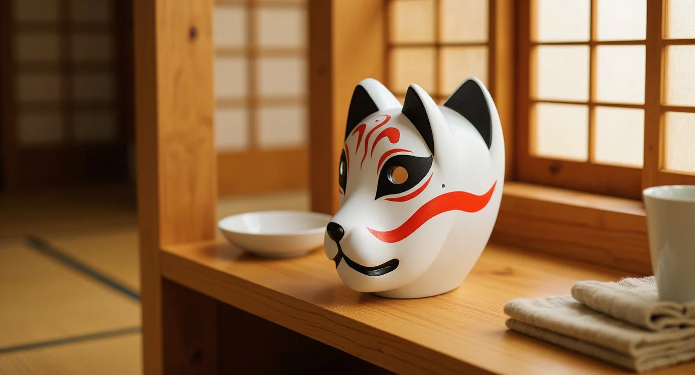 Máscara kitsune blanca en estante de madera mostrando los trazos pintados a mano bajo luz natural