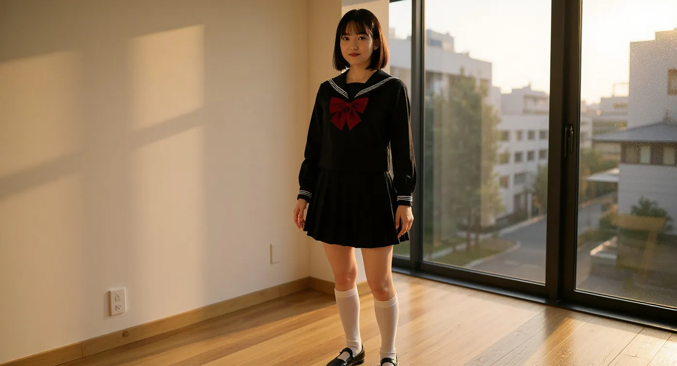 Mujer joven en traje sailor fuku cosplay en apartamento moderno con luz dorada vespertina.