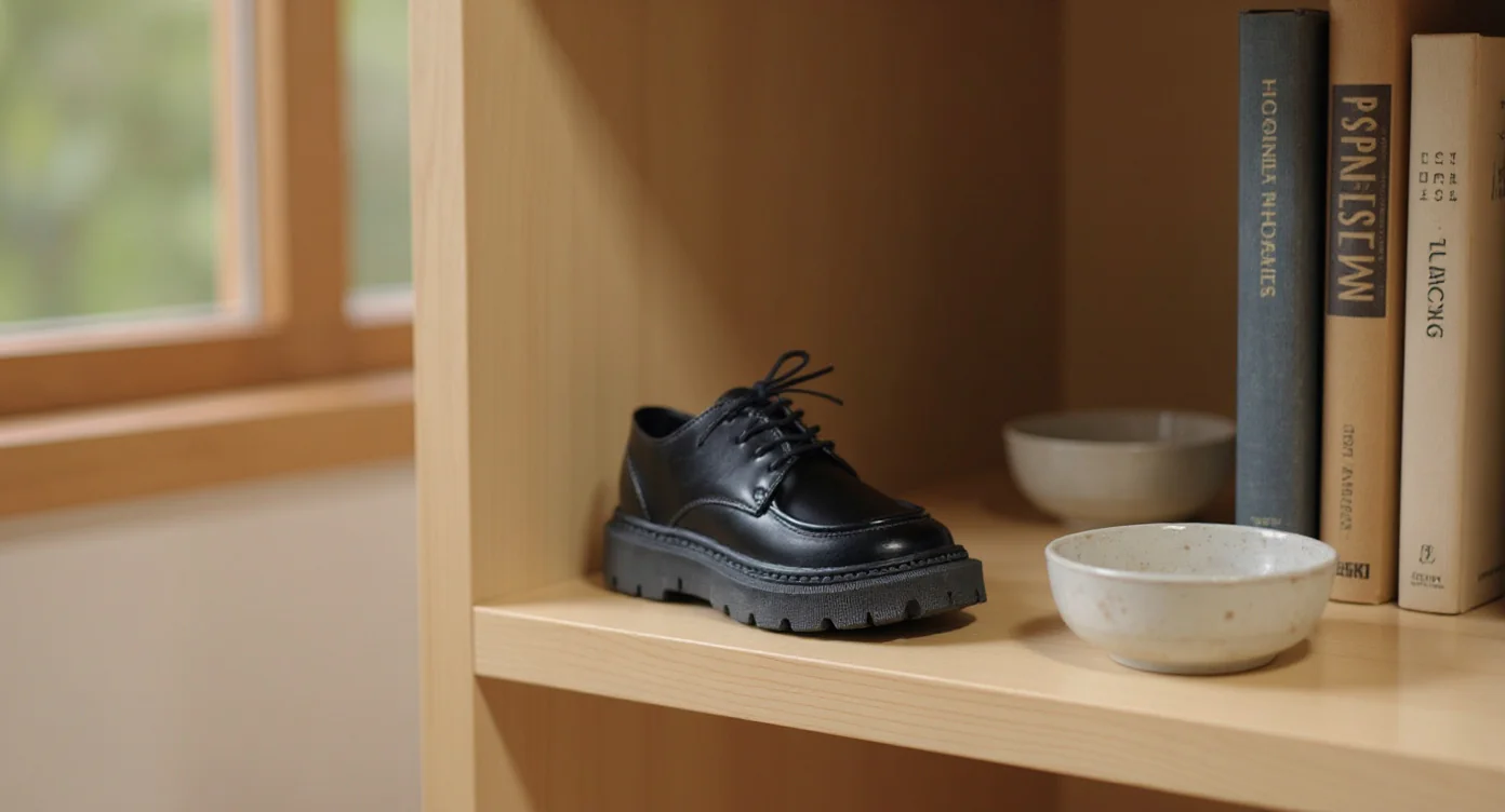 Zapatos escolares japoneses negros en repisa de madera con libros y cerámica al fondo.