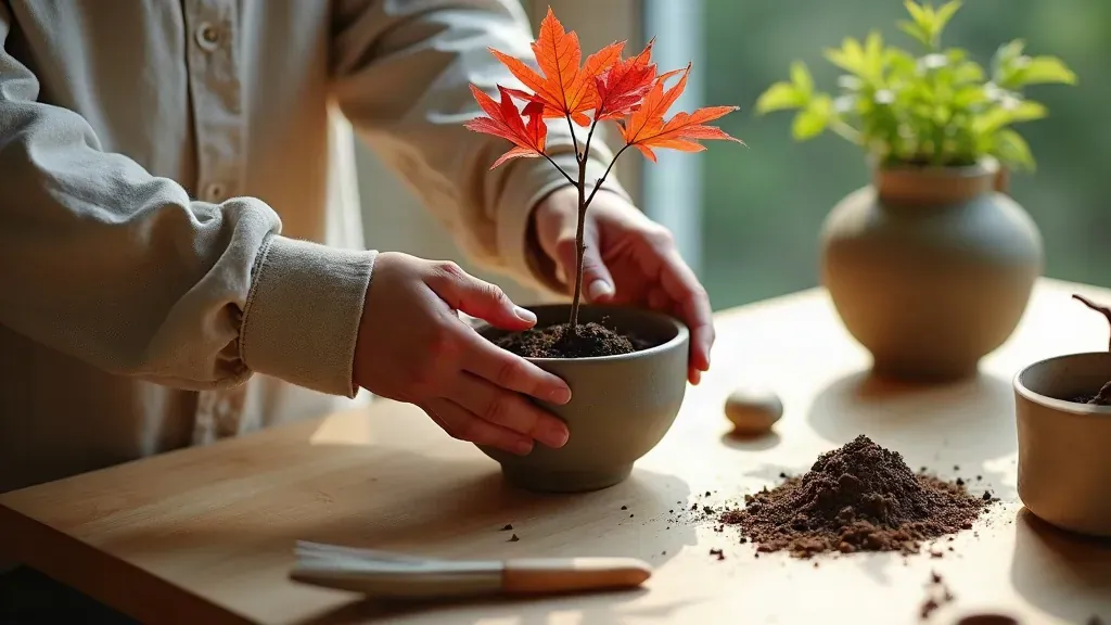 Manos plantando un arce rojo joven en una pequeña maceta de cerámica para bonsái con luz natural intensa.