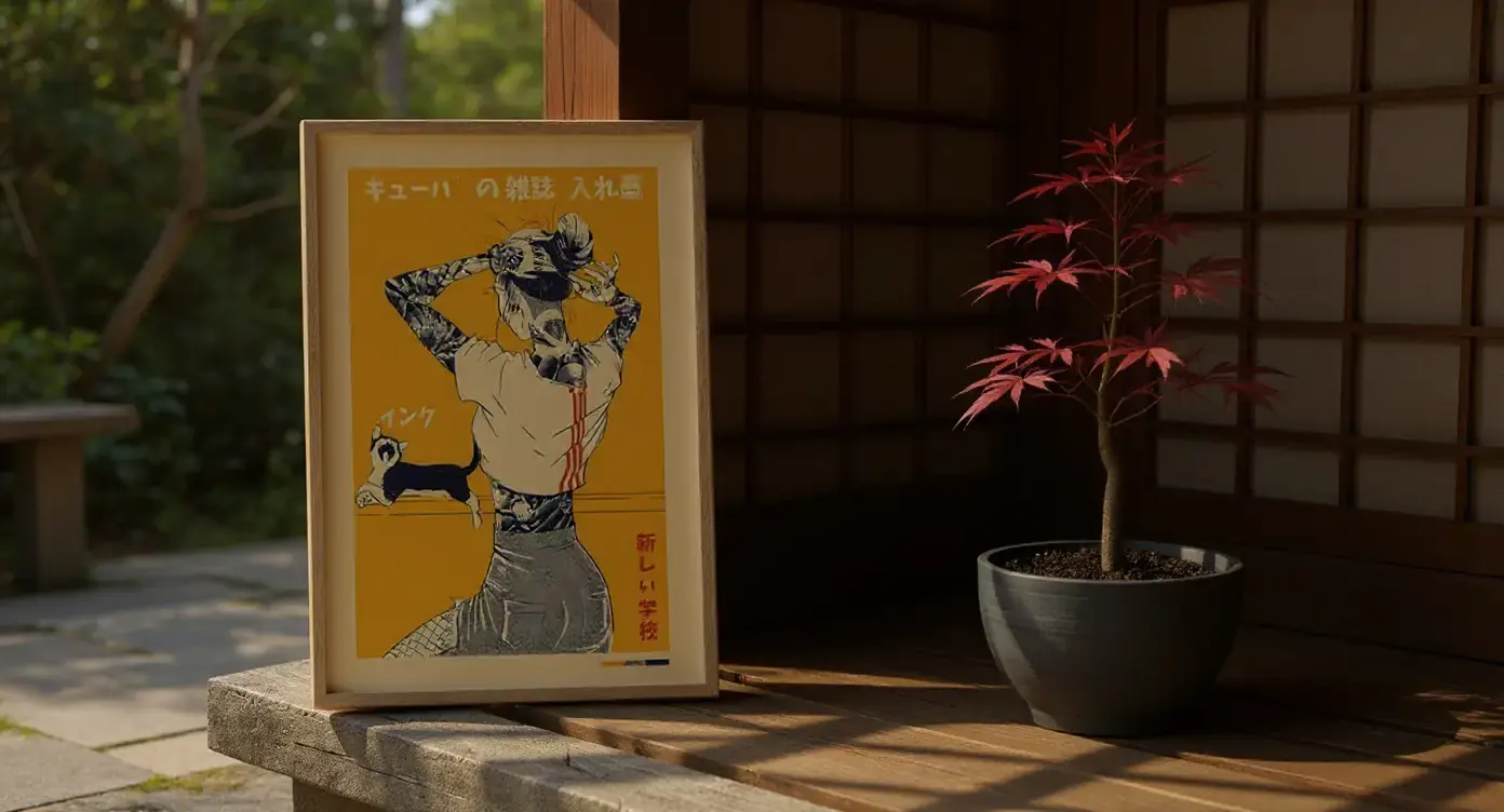 Lámina de estilo japonés apoyada en un estante de madera junto a un bonsái de arce rojo vivo, con luz tamizada de tarde en una terraza.