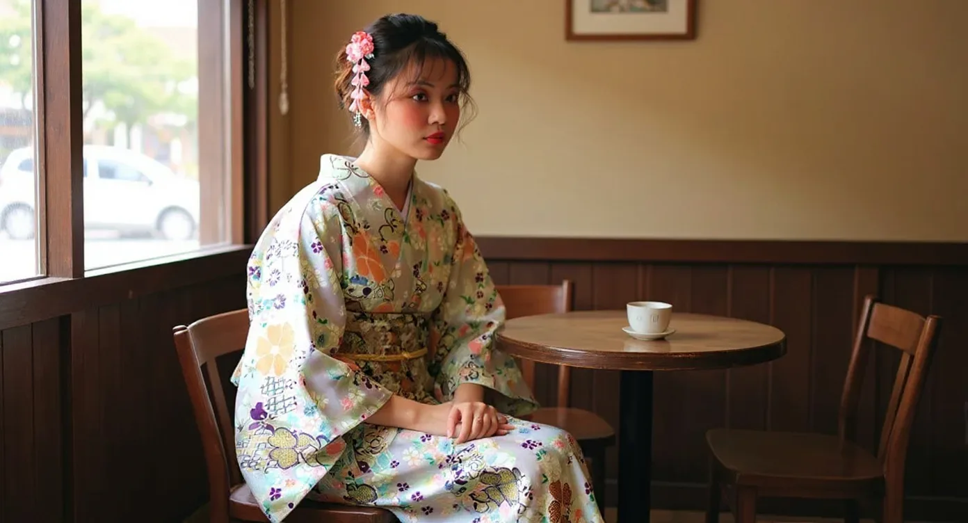 Mujer con un vestido kimono tradicional junto a la ventana de una cafetería de Tokio