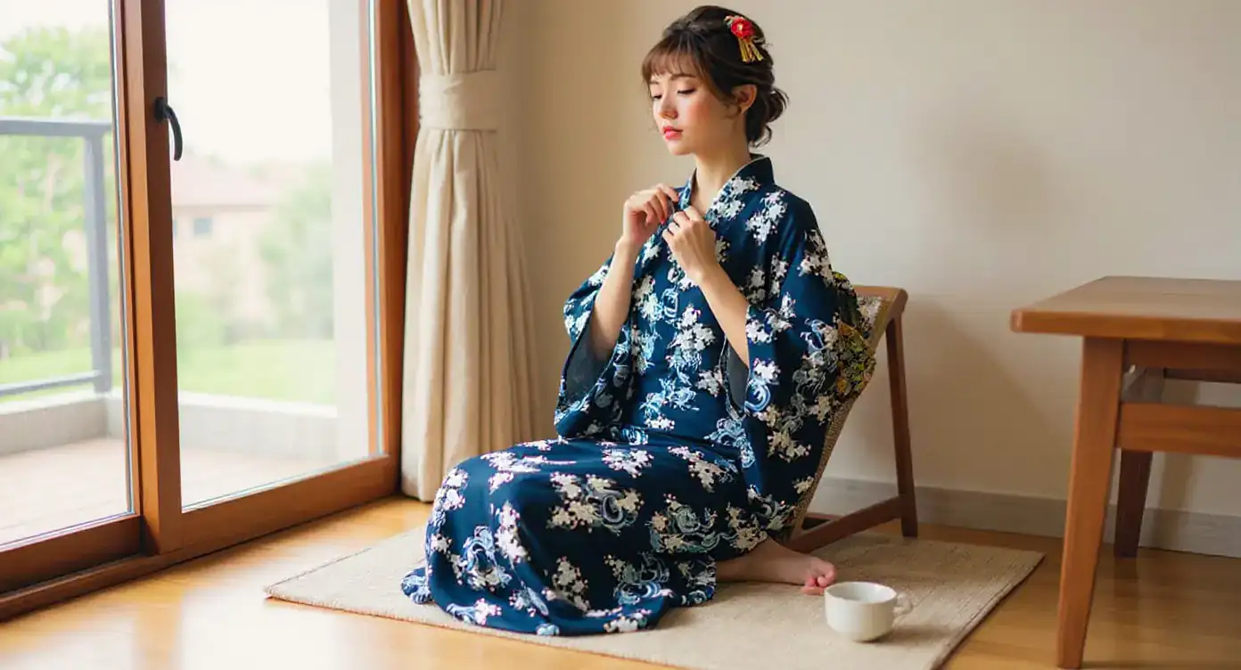 Mujer con vestido kimono de seda azul marino ajustando el escote sentada en un piso moderno