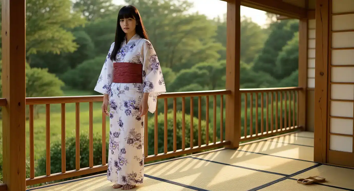 Mujer con yukata de algodón floral en índigo claro de pie en una galería de madera a la luz del atardecer