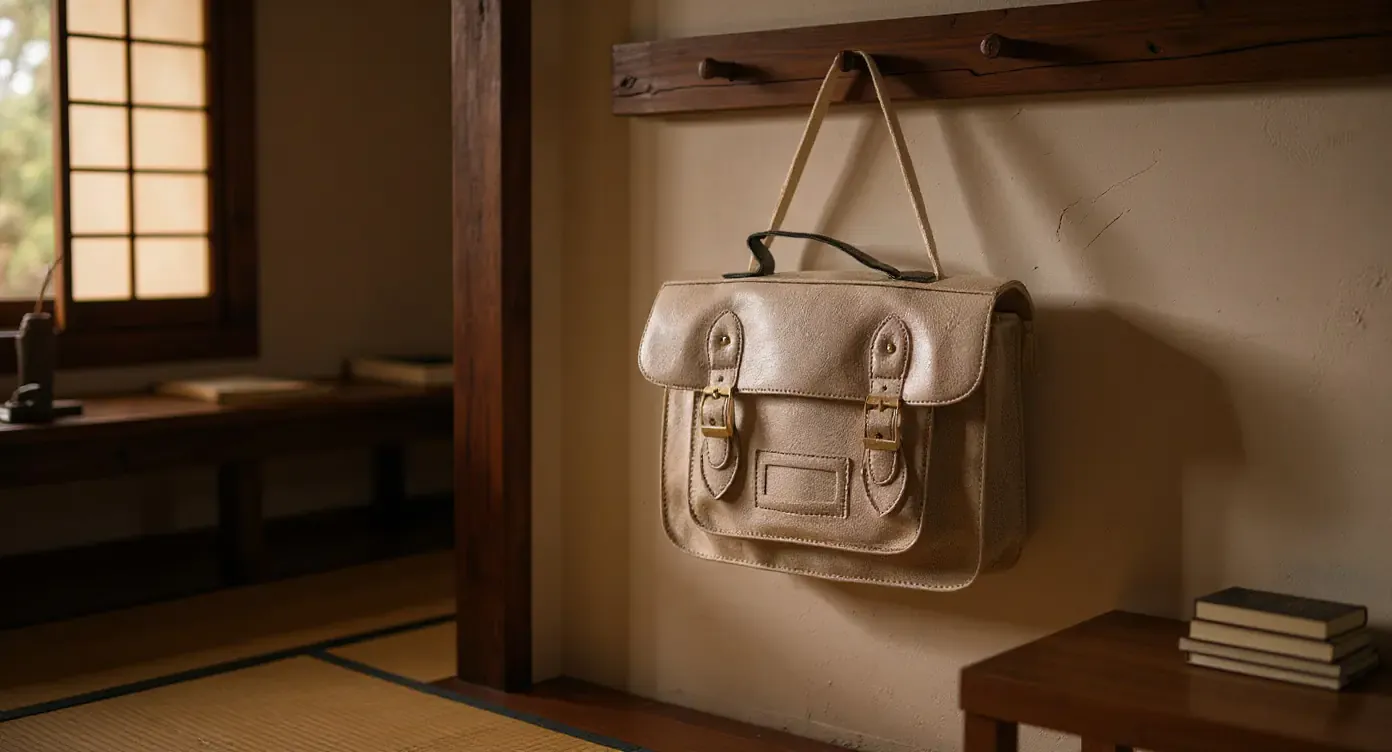 Bolso escolar japonés plano de lino colgado de un gancho de madera junto a libros de texto en un estudio con tatami