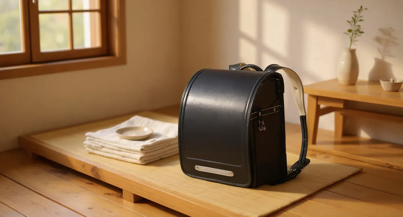 Mochila randoseru azul índigo sobre una cama plataforma de madera clara, junto a ropa de lino doblada y un plato de cerámica