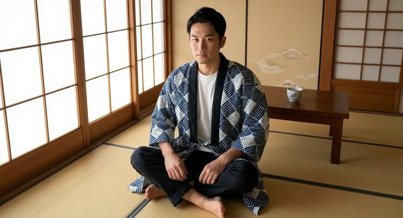 Hombre con hanten techwear sentado sobre tatami en sala washitsu tradicional, luz filtrada suave