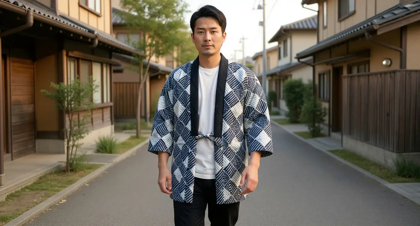 Hombre con hanten techwear caminando en calle residencial tranquila de barrio mixto tradicional-moderno de Japón