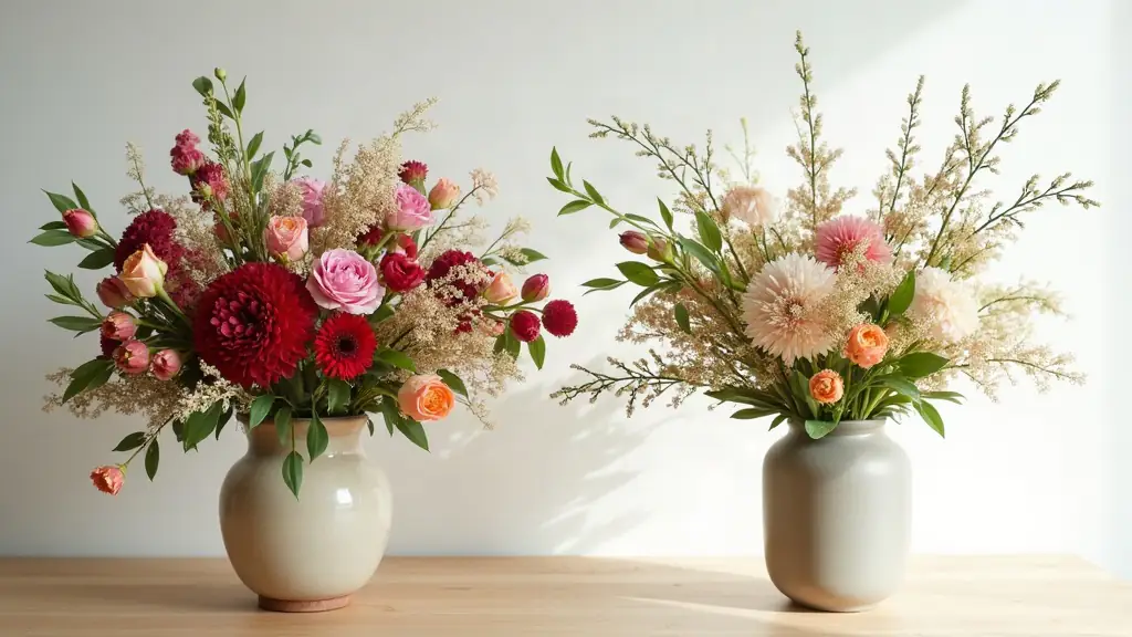 Side-by-side comparison: lush Western bouquet of fresh colorful flowers (roses, peonies, tulips) densely packed in a rounded arrangement on the left; minimal ikebana with three sparse stems and branches creating empty space in a tall simple vase on the right.