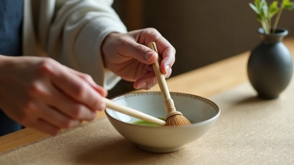 Hands whisking matcha in a small white ceramic bowl (foreground, sharp focus) beside a narrow ceramic vase holding a single seasonal stem (background, soft blur), both at a low Japanese table, showing the union of tea ceremony and chabana ikebana
