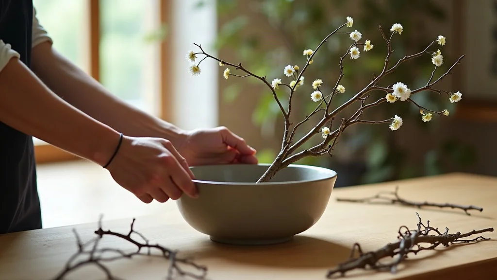 Close-up of two hands actively arranging branches and flowers in a shallow ceramic basin, one hand placing a curved stem while the other stabilizes the vessel, surrounded by materials waiting to be selected.