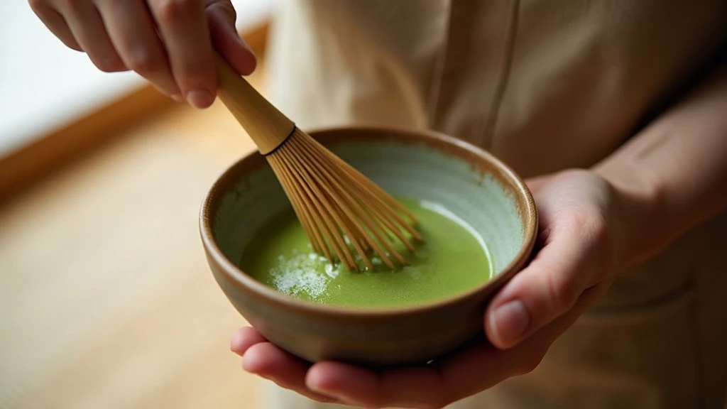 Close crop of two hands whisking matcha in a shallow bowl: left hand steadies a small ceramic matcha bowl tilted slightly; right hand holds a bamboo whisk moving in a rapid W-pattern, tines immersed in pale green matcha that is actively transforming into foam on the surface.