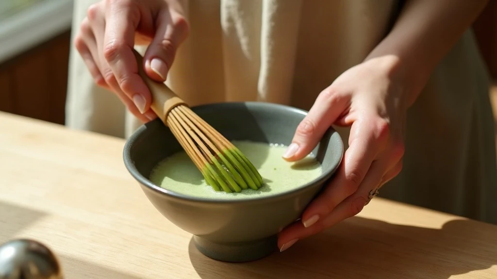 Two hands whisking matcha powder and hot water in a small ceramic matcha bowl using a bamboo whisk; the bowl fills most of the frame, caught mid-whisking with foam forming.