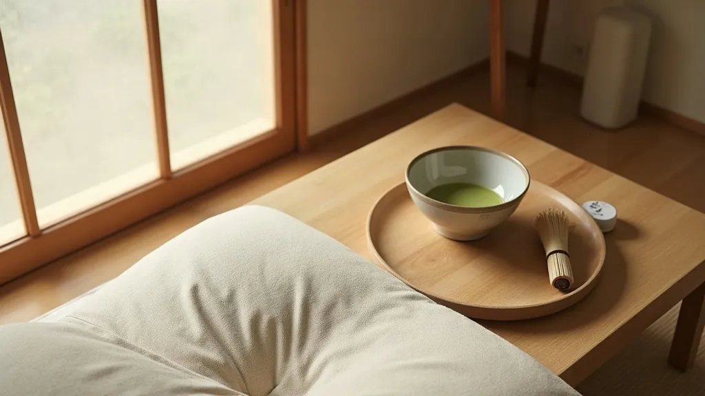 A minimalist morning matcha setup: natural beige floor cushion, low wooden table with empty ceramic bowl and standing bamboo whisk in the center, sealed matcha tin recessed in the background, warm morning light from the left. Tatami floor.