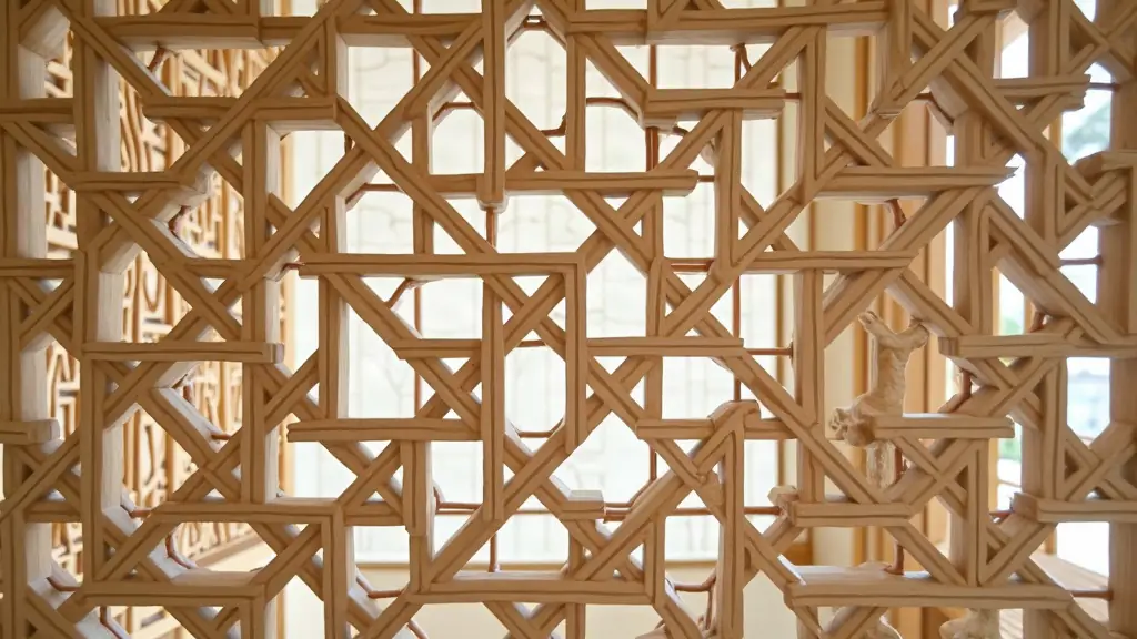 Overhead close-up of a kumiko wooden lattice panel: geometric interlocking pattern of thin wood strips forming stars and hexagons, no visible fasteners, natural wood grain visible throughout, entire frame filled with the pattern