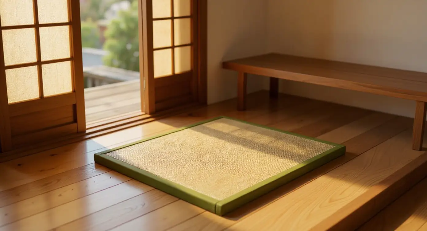Japanese Floor Mat in a small seating corner with low furniture and golden afternoon light revealing straw weave
