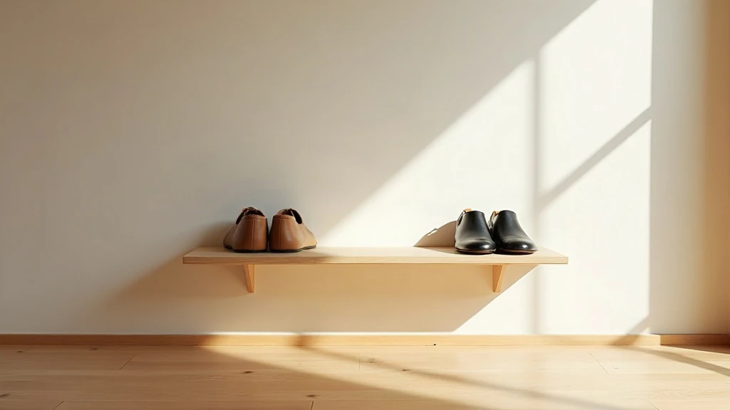 Low wooden shelf mounted on a wall, displaying three pairs of shoes side by side. Beneath the shelf, a large expanse of empty tatami or wooden floor fills the lower frame, demonstrating the clean, calm entryway aesthetic central to Japanese-style storage design.