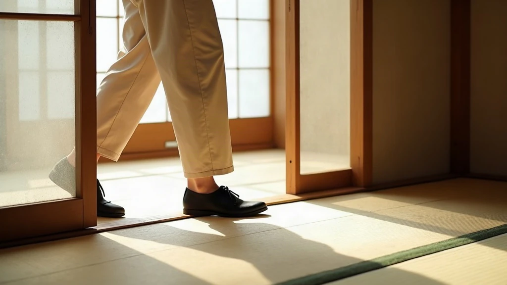 A person stepping into a genkan and removing their outside shoes onto tatami