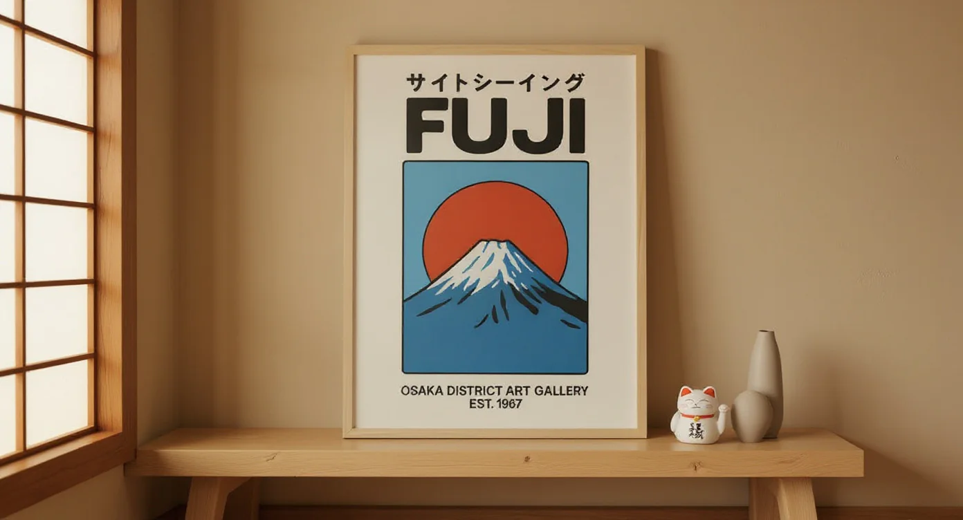 A framed Japanese retro poster hung above a minimalist wooden genkan shelf