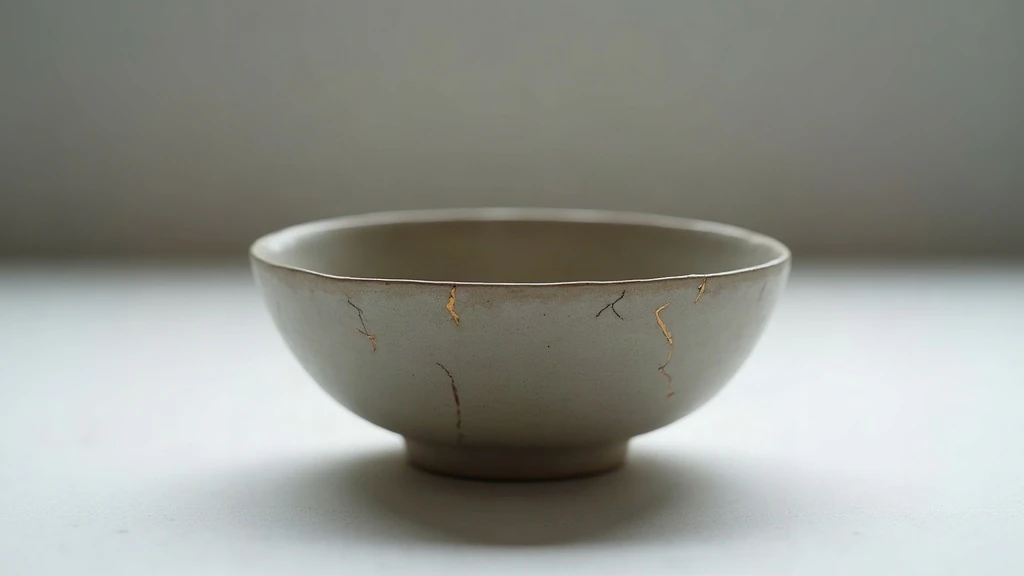 Mended ceramic tea bowl with visible gold-filled fracture lines running across grey stoneware; kintsugi repair technique clearly visible as luminous gold seams against matte surface.