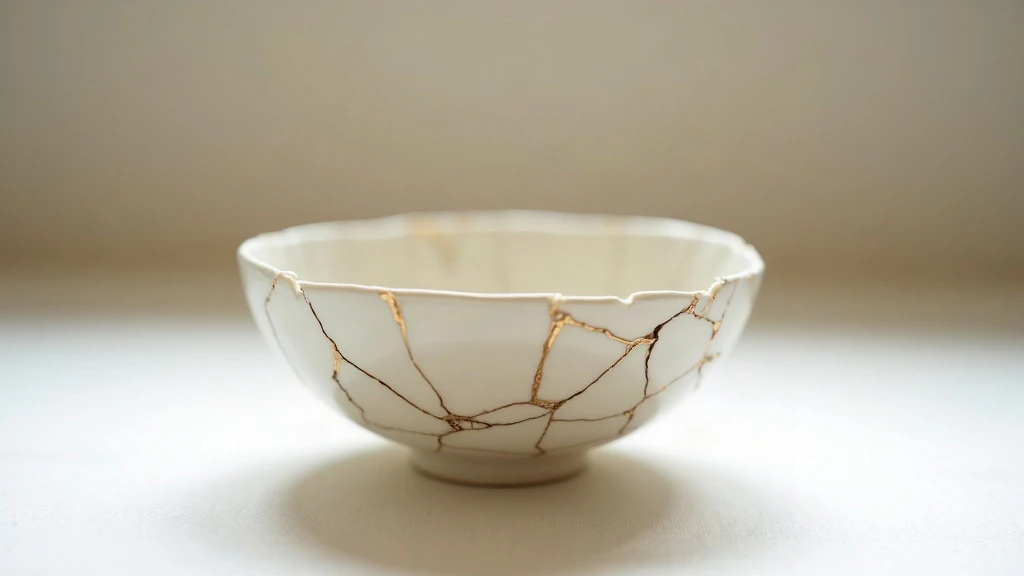 Close-up of a ceramic kintsugi bowl: visibly fractured and reassembled, with bright gold lines tracing the breaks across the white surface. The bowl fills the frame and sits on a neutral background.