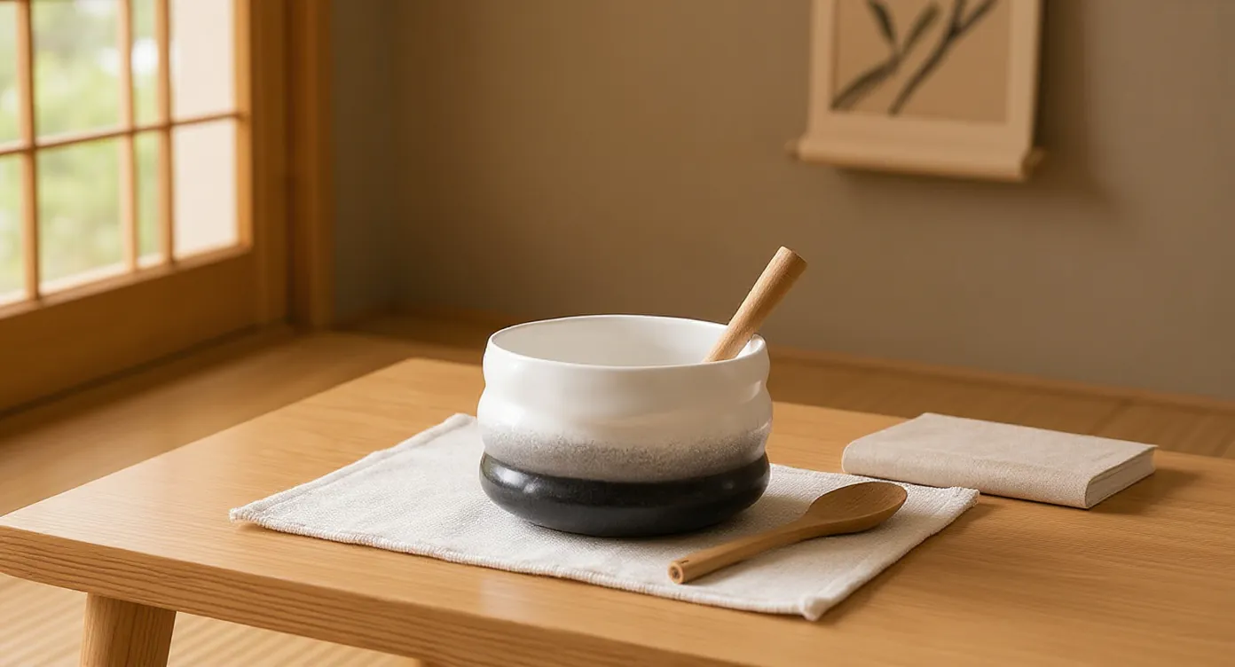 Large ceramic matcha bowl with bamboo whisk on pale linen placemat at low table