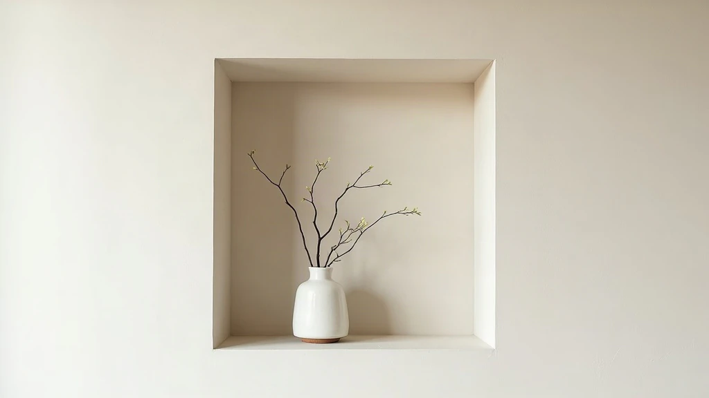A minimalist composition in a shallow recessed alcove: a single small ceramic vessel with one delicate branch and one or two leaves, against a pale interior wall. Tight framing shows the niche's depth with no lateral walls or exterior views.