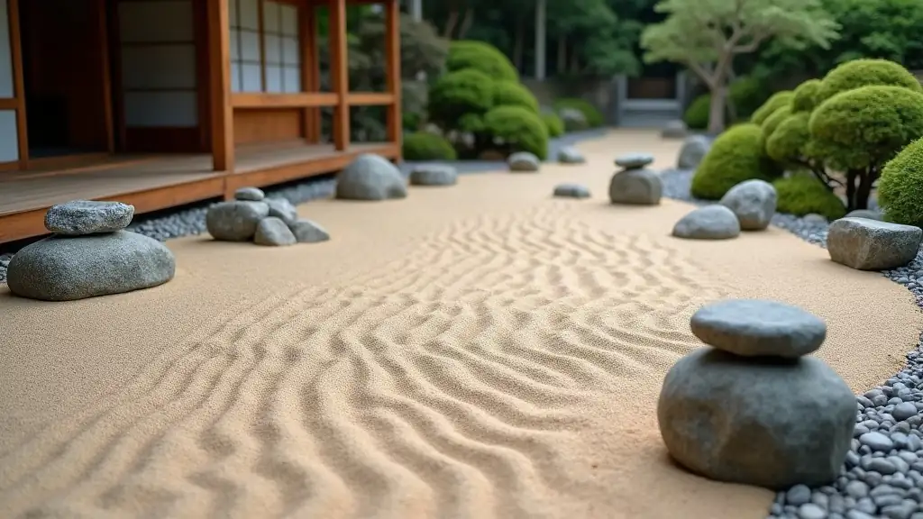 Jardin zen karesansui authentique photographié en extérieur au niveau du sol, remplissant tout le cadre. Vaste étendue de gravier ratissé avec des motifs ondulants représentant l'eau. Pierres substantielles à échelle réelle : rochers verticaux comme des pics, pierres plates comme des rives. Karedaki (cascade sèche) avec des pierres empilées sur une pente. Patterns de gravier raclé montrant un jardin fini, sans traces de pas. Aucune personne, aucun outil. Lumière naturelle douce accentuant les formes. Échelle mètrique authentique, pas une miniature domestique.
