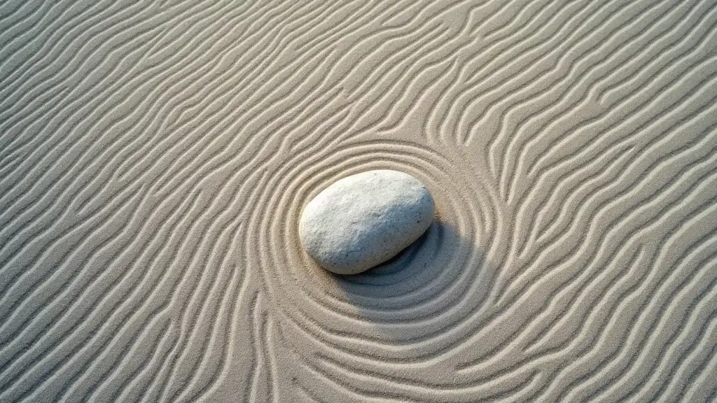 Overhead view of raked gravel in a karesansui garden, with parallel lines and one small stone, emphasizing emptiness and uniformity.