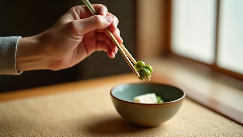 Close-up of a single hand holding two chopsticks in the correct grip above a small kobachi bowl of cubed tofu and vegetables, with fingers and chopstick separation clearly visible.