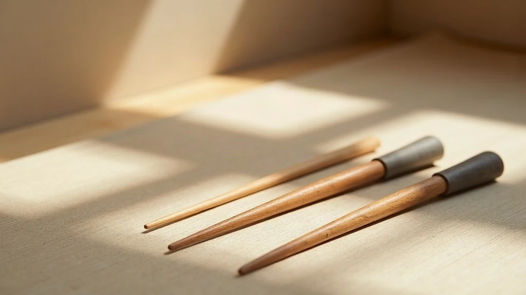 Three types of chopsticks displayed side by side: polished wood with sharp tapered tips, shiny metal with reflections, and disposable waribashi with rough splintered split edge and rounded tips