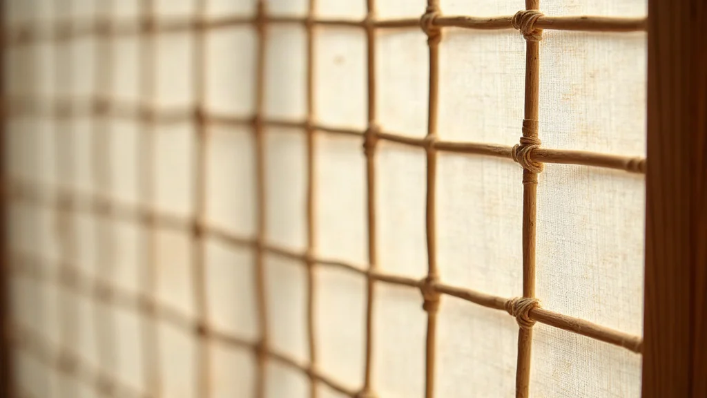 Macro photograph of shoji screen lattice: thin wooden kumiko bars (3-5 mm thick) forming a grid, with translucent washi paper between them showing visible long fibres. Backlit to reveal the paper's texture and glow.