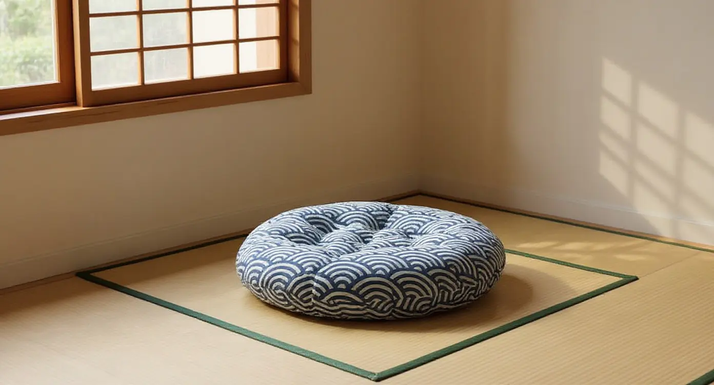 Linen cushion on futon under shoji window, soft shadow patterns across mat
