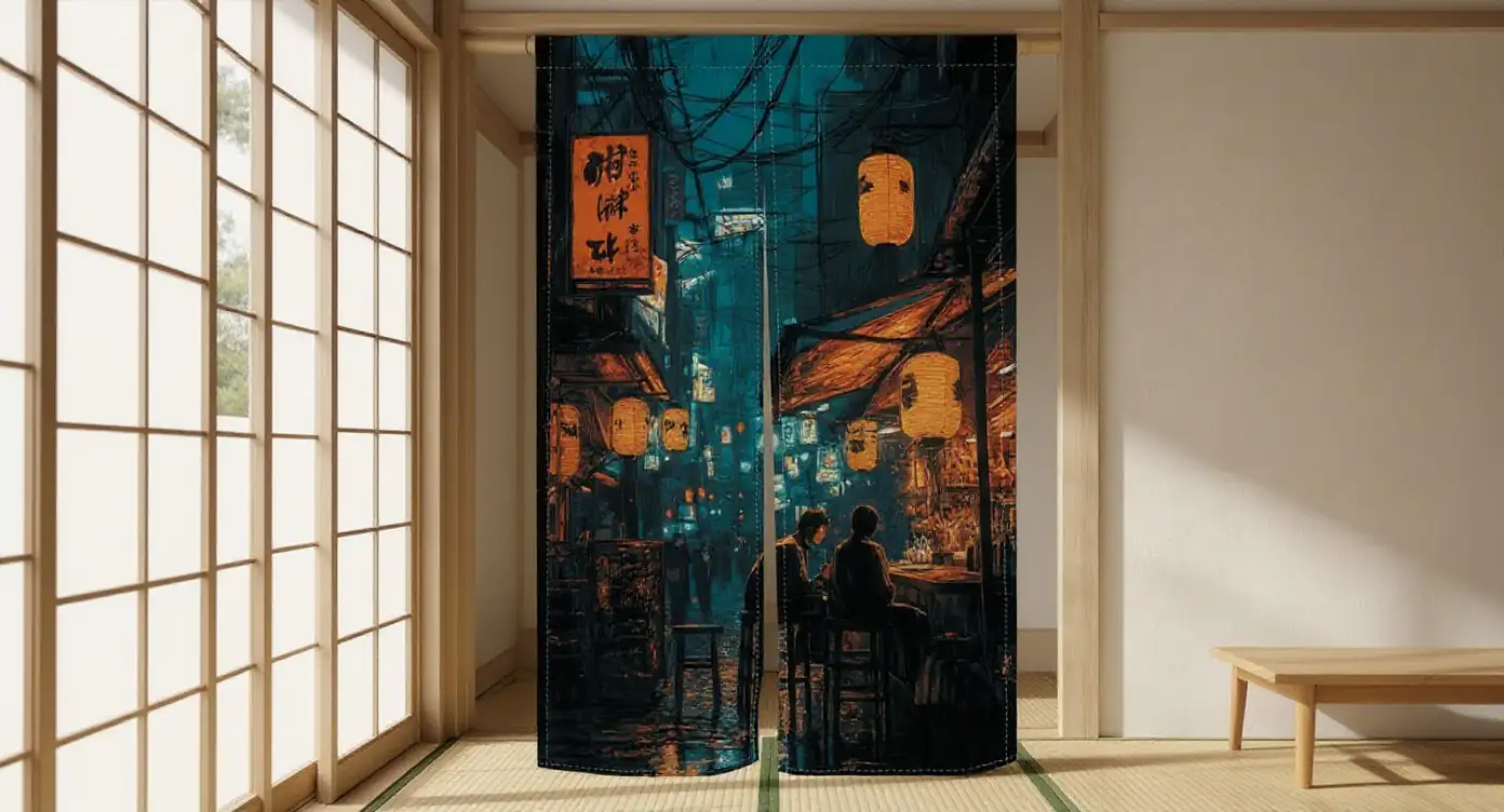 Indigo noren curtain hanging in modern genkan entry threshold, light filtering through weave