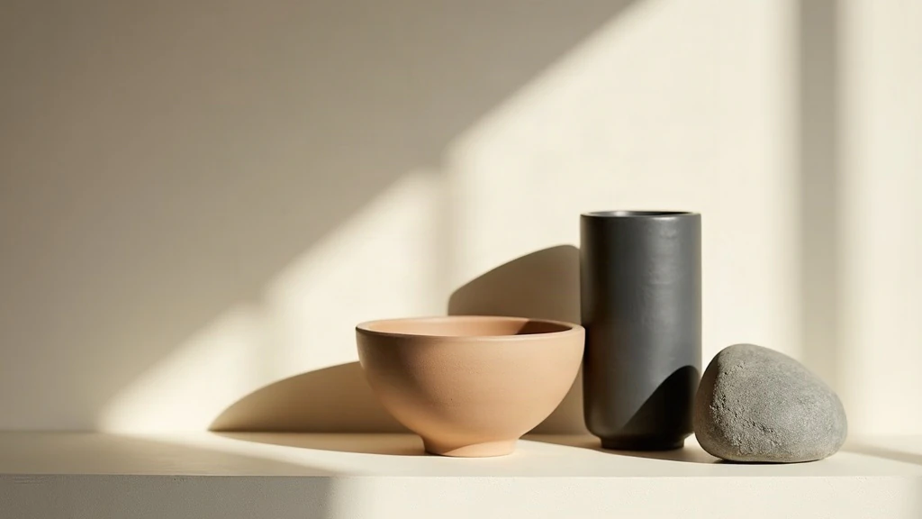 Unglazed stoneware bowl, a dark clay vase and a smooth river stone on a pale oak shelf