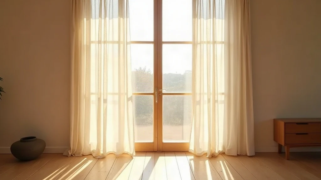 Daylight filtered through a sheer linen curtain, pooling on a blond wood floor