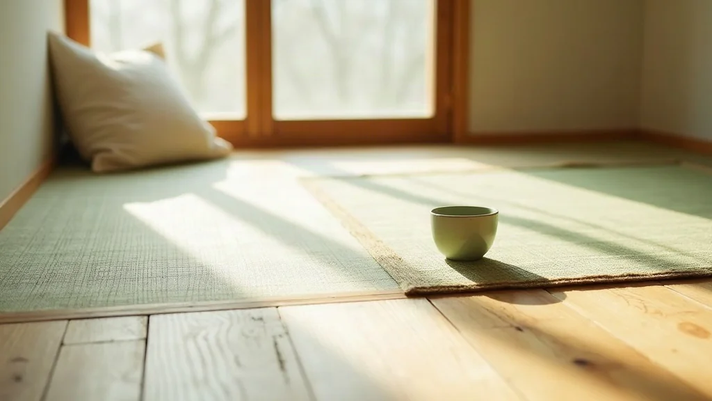 Serene japandi corner with tatami mat, pale wood, and morning light creating calm minimal space