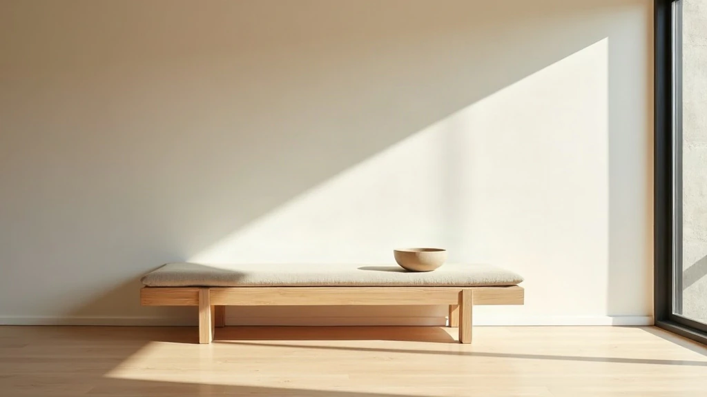 A bare japandi corner with a cream plaster wall, blond wood floor and one low bench