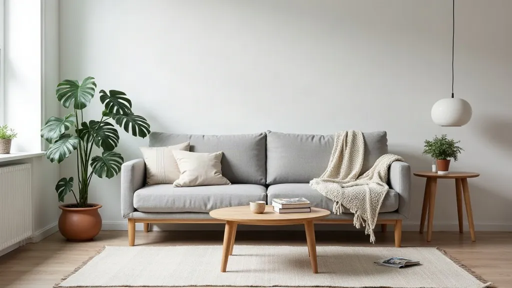 Scandinavian living room with white walls, pale oak floor and a grey wool sofa on tapered legs